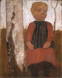 Criança, em, vestido vermelho, em, a, tronco vidoeiro de Paula Modersohn-Becker